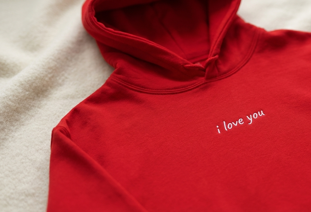 Red hoodie with 'i love you' text on a beige surface